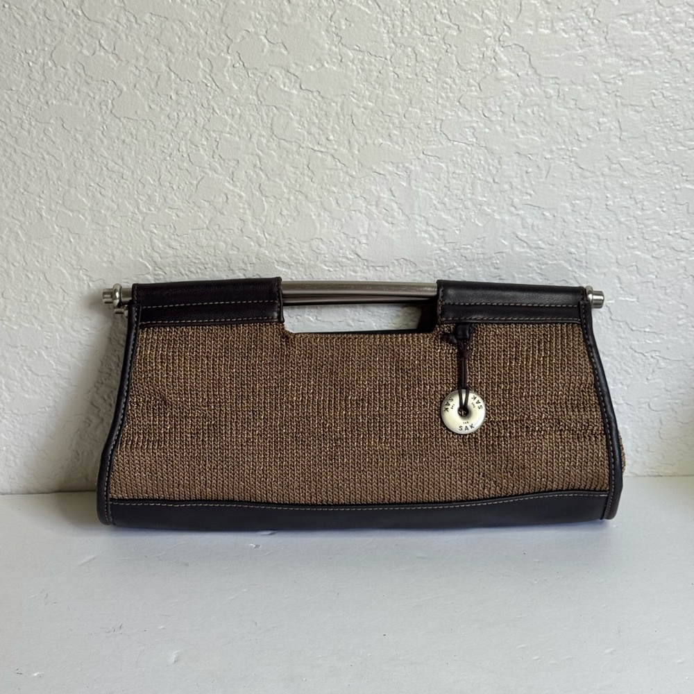 The Sak Tan And Brown Woven Small Handbag Metal Handles Cloth Clutch